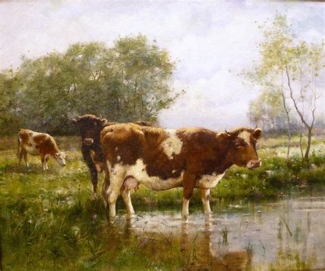 R L Johnston At The Watering Hole Oil On Canvas Of Cows In A