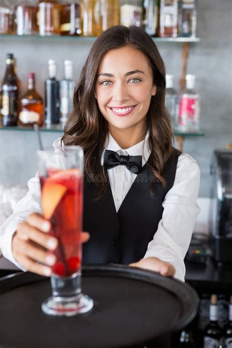 Beautiful Waitress Holding Tray With Cocktail Glass Stock Image Image Of Adult Beautiful