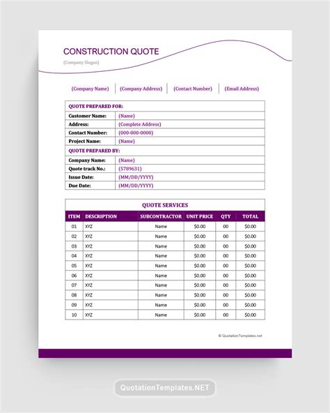 Free Construction Quote Templates Word Excel Pdf