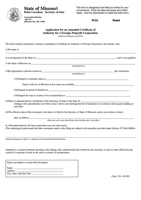 Fillable Form Corp 52a Application For An Amended Certificate Of