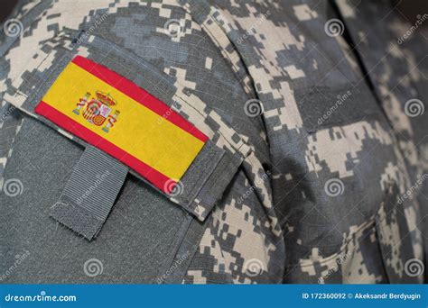 Spain Army Uniform Patch Flag On Soldiers Arm Military Conceptn Stock