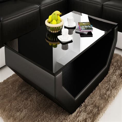 Sophisticated Black Leather Coffee Table With Black Glass Table Top