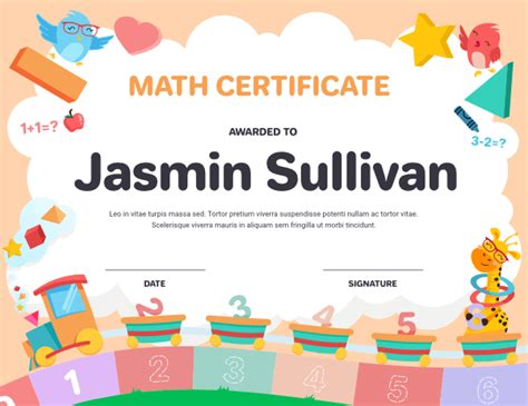Printable Kindergarten Math Award Certificate Template Certificate