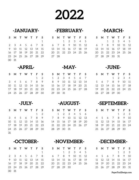 2022 2022 Calendar Printable One Page
