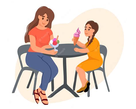 Feliz Madre E Hija Comen Helado En Un Café Buena Relación Entre Padres