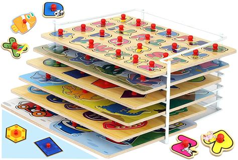 Bundaloo Toddler Puzzles Set Of 6 With Storage Rack Wooden Peg Puzzle
