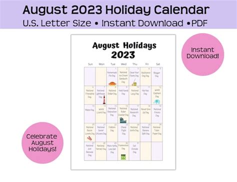 August 2023 Printable Holiday Calendar Fun And Wacky Etsy Hong Kong