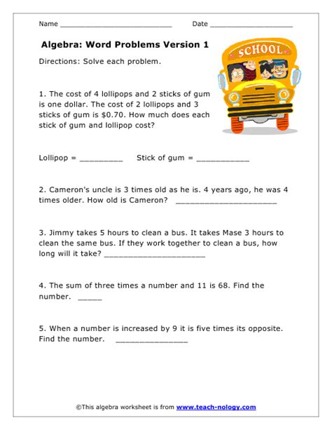Plus each one comes with an answer key. Algebra Based Word Problems Version 1