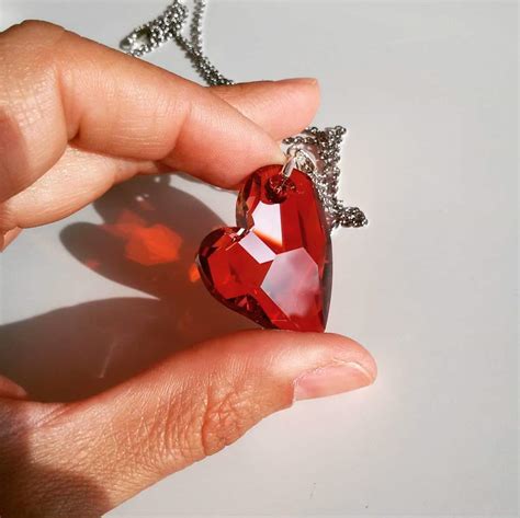 Long Necklace With Red Swarovski Crystal Heart Shape Pendant Joyelly