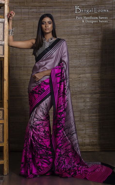Printed Pure Silk Saree In English Pink Saree Designer Silk Sarees