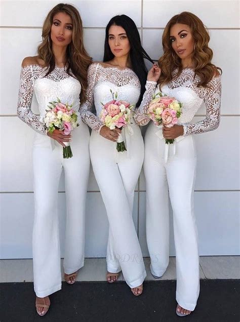 sheath off the shoulder long sleeves white bridesmaid jumpsuit with lace in 2020 bridesmaids