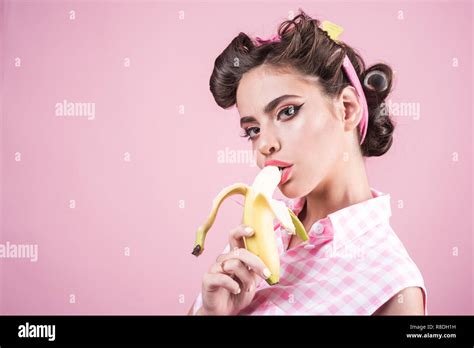 Banana Dieting Pin Up Woman With Trendy Makeup Pinup Girl With Fashion Hair Retro Woman