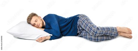 Handsome Sleeping Man With Pillow On White Background Stock Photo