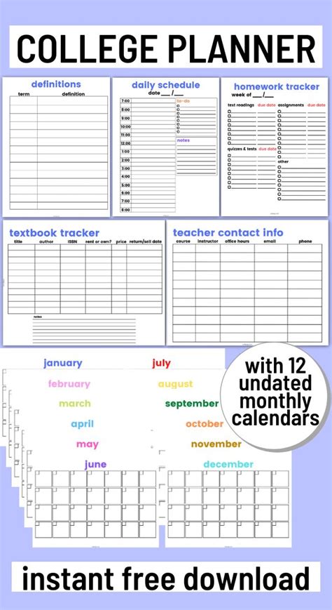 College Planner Free Printables For College Time Management Study