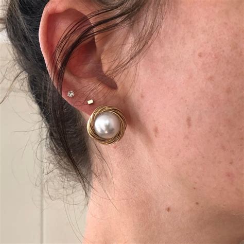 Vintage Large Pearl And 18 Carat Gold Large Stud Earrings At 1stdibs