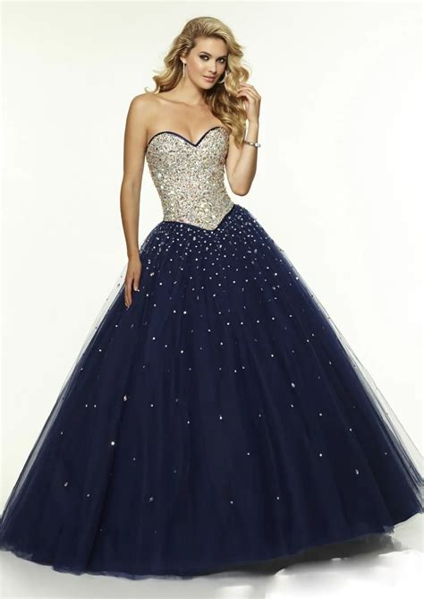 New Design Lace Up Sweetheart Navy Blue Elegant Long Formal Ball Gown Crystal Prom Dresses 2017