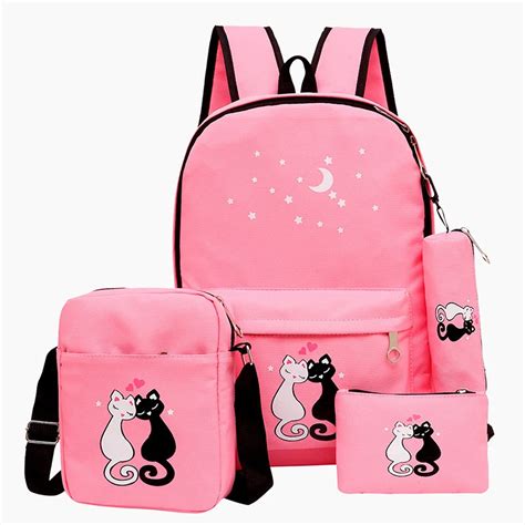 4 Pieceslot Women Backpack Cute Cat School Bags For Teenage Girls
