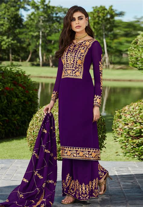 Buy Purple Georgette Embroidered Kameez With Palazzo 185320 Online At Lowest Price From