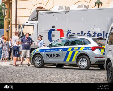 Prague Czech Republic June A Police Car And Officer On The Streets Of Prague Pomahat A