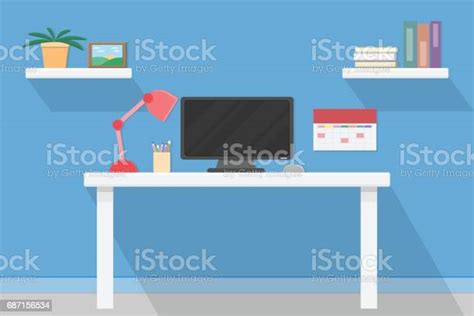 Interior Office Room Design With Computer And Accessory Designvector