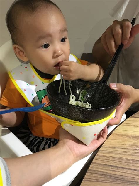 Baby Eat Noodle Bib Feed Parents Child Asia Kid Real People