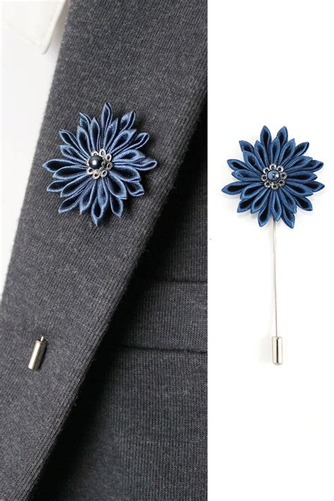 Lapel Flower Pin Men Boutonniere Navy Blue Wedding Accessory Kanzashi