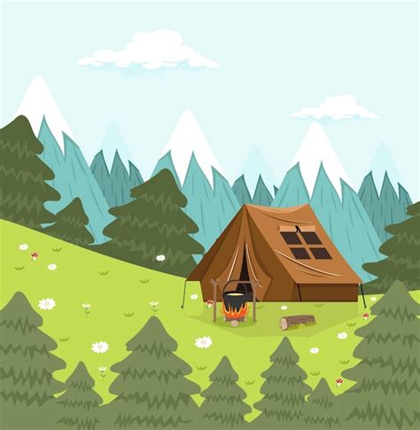 Camping Verano Bosque Dibujos Animados Plana Vector Premium