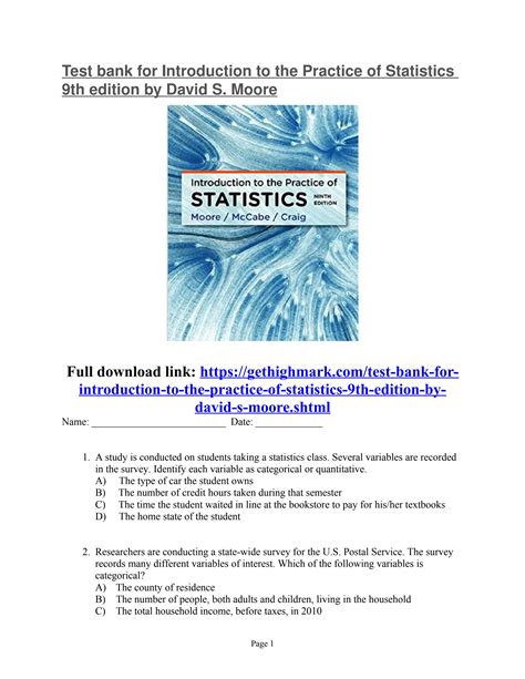 Test Bank For Introduction To The Practice Of Statistics 9th Edition By