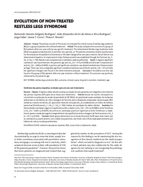 Pdf Evolution Of Non Treated Restless Legs Syndrome Jeana Corso