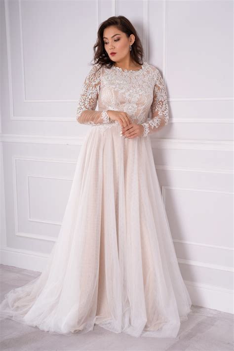 Plus Size Long Sleeve Wedding Gown Elegant A Line Wedding Etsy