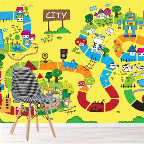 Yellow Map Wall Mural Fun City Map Wallpaper Kids Bedroom Nursery Photo