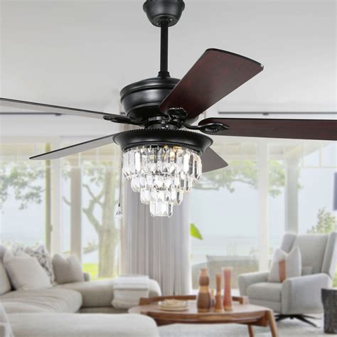 52 Inch Black Finish Crystal Ceiling Fan With 5 Reversible Blades