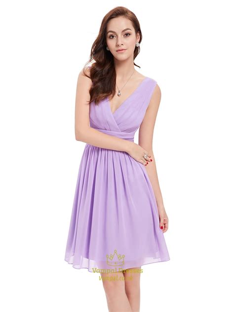 Lilac Chiffon V Neck Knee Length Bridesmaid Dresses For Outside