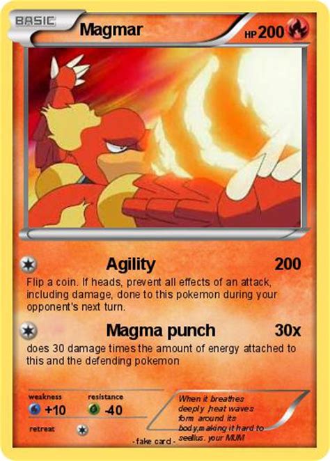 It evolves from magby starting at level 30 and evolves into magmortar when traded while holding a magmarizer. Pokémon Magmar 164 164 - Agility - My Pokemon Card