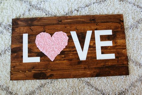 Wooden Love Sign With Rosette Flowers In Heart Handmade Rustic