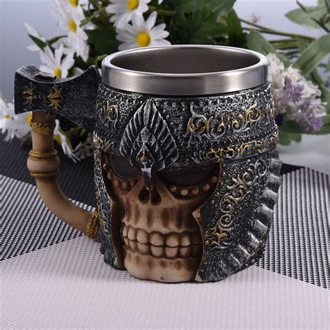 Viking Metal Warrior Skull Tankard With Battleaxe Drinking Mug Stainle