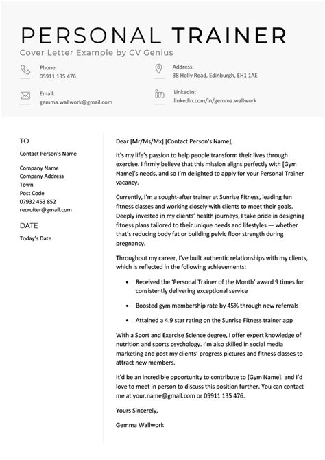 Personal Trainer Cover Letter Example And Free Template