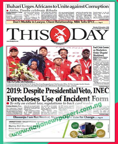 Nigerian Newspapers Front Page Headlines Monday 10th December 2018