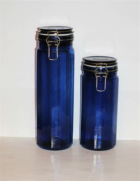 Cobalt Blue Glass Containers Wire Bale Closures Set Of 2 Vintage Glass Storage Jars Country