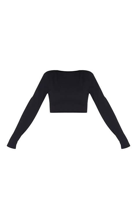 Black Backless Crepe Long Sleeve Crop Top Prettylittlething Usa