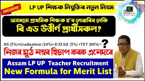 Assam LP UP Teacher Recruitment New Formula for Merit List মঠ নমবৰ