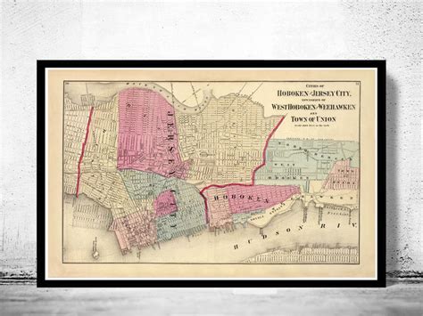 Old Map Of Jersey City And Hoboken Hudson County 1872 Vintage Map Wall