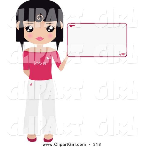 Clip Art Of A Black Haired Girl Dressed In White And Pink Holding Up A Blank Sign With Hearts