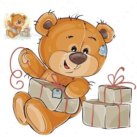 Vector Illustration Of A Brown Teddy Bear Tie A Packing Box With A Cord Print Template Design