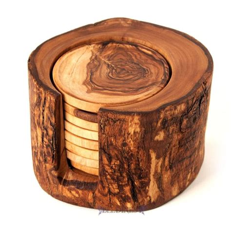 Wooden Coaster Set Olive Wood Rustic Holder And 8 Coasters Wood