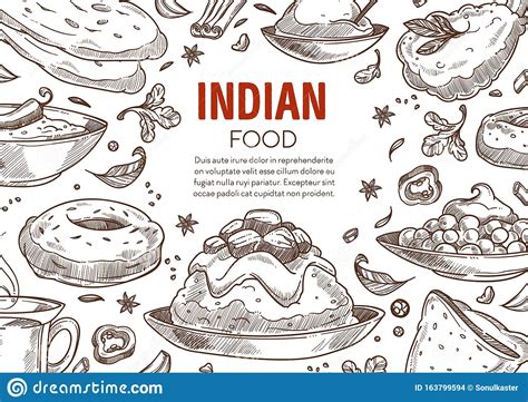 Restaurant Menu Of Indian Cuisine Food Sketch Poster Stock Vector