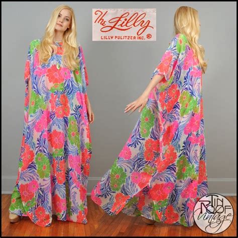 Vintage 60s 70s Lilly Pulitzer Sheer Floral Caftan Maxi Dress Neon The