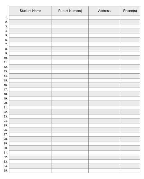 Printable Roster Sheet