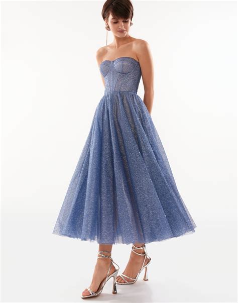 Sparkly Glittery Strapless Party Dress Features A Puffy Midi Skirt And A Lace Up Corset Bodice