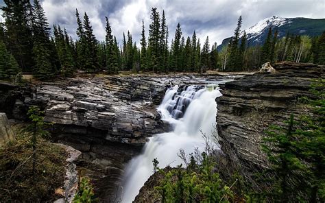 Athabasca Falls Alberta Waterfalls Forest Canada Rocks Hd